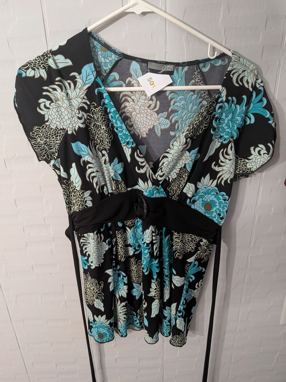 Jolie Black Floral Wrap-Style Blouse with Teal & Cream Blooms